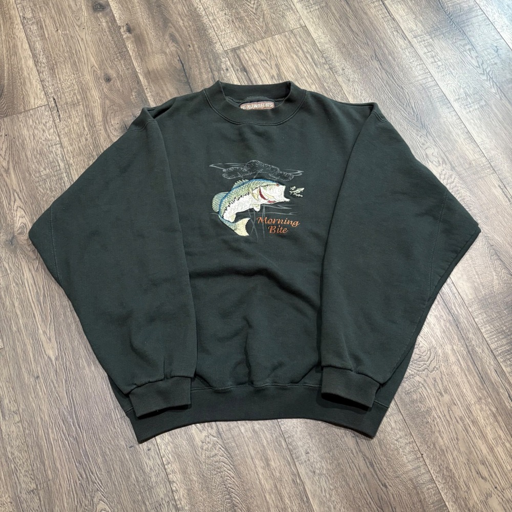 Headwaters Fishing Grandpa Sweatshirt Mens M Green Morning Bite Embroidered Bass